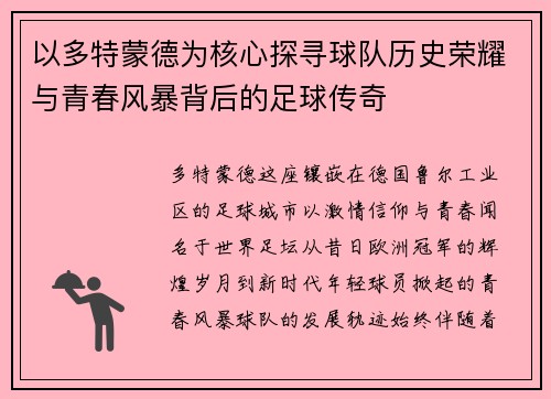 以多特蒙德为核心探寻球队历史荣耀与青春风暴背后的足球传奇